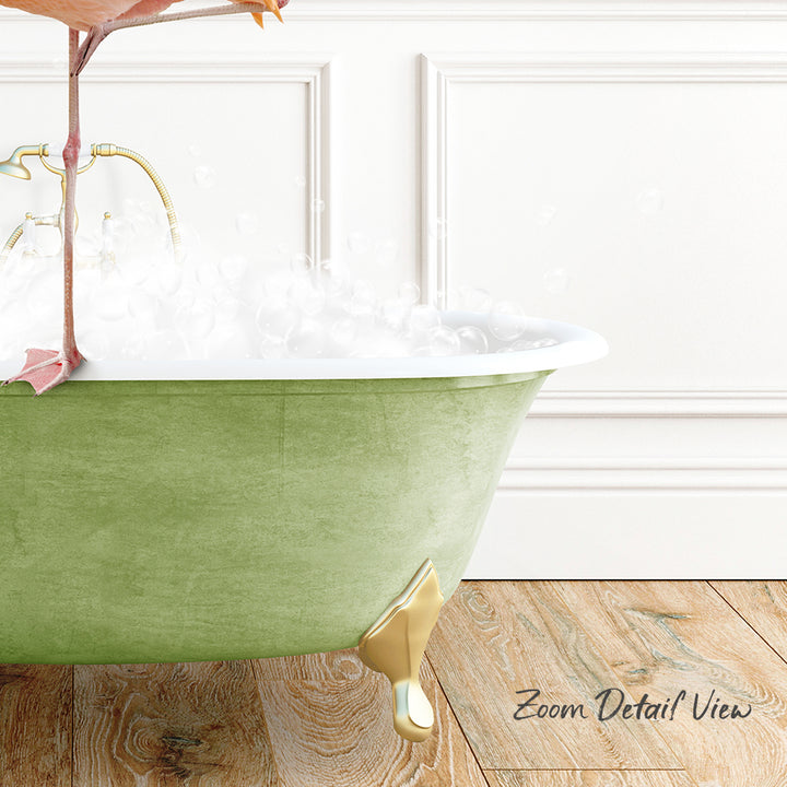 A green claw-foot bathtub filled with water and bubbles, with a pink bird perched on the edge of the tub.