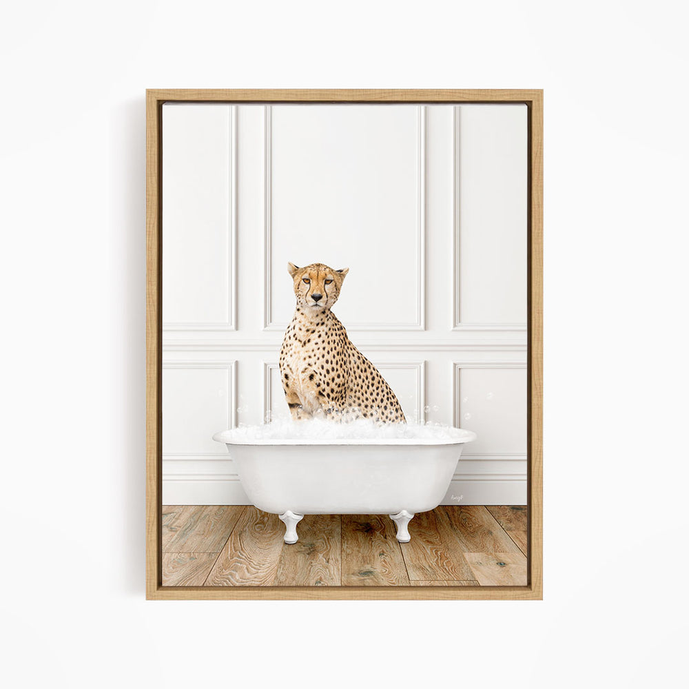 A cheetah sitting in a white bathtub filled with water, creating a playful and whimsical scene.