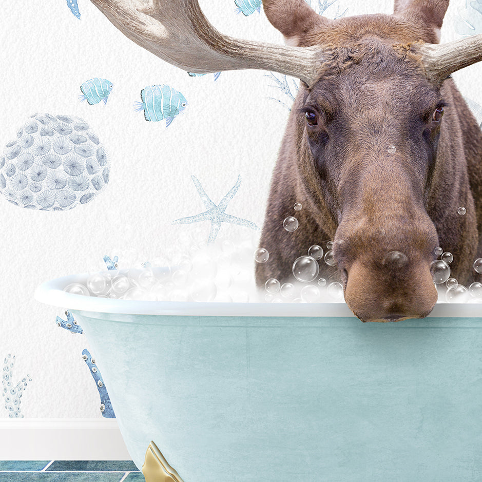 a moose sticking its head out of a bathtub