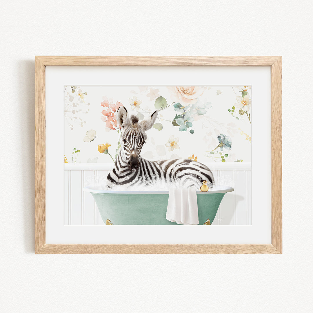 A zebra is sitting in a green bathtub filled with water, surrounded by flowers and other decorative elements.
