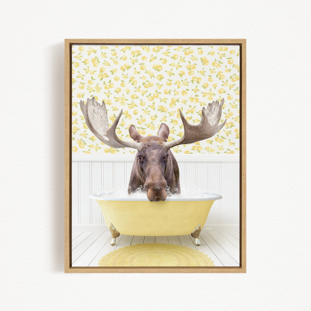 A moose with large antlers is sitting in a yellow bathtub, surrounded by a yellow floral pattern on the wall behind it.