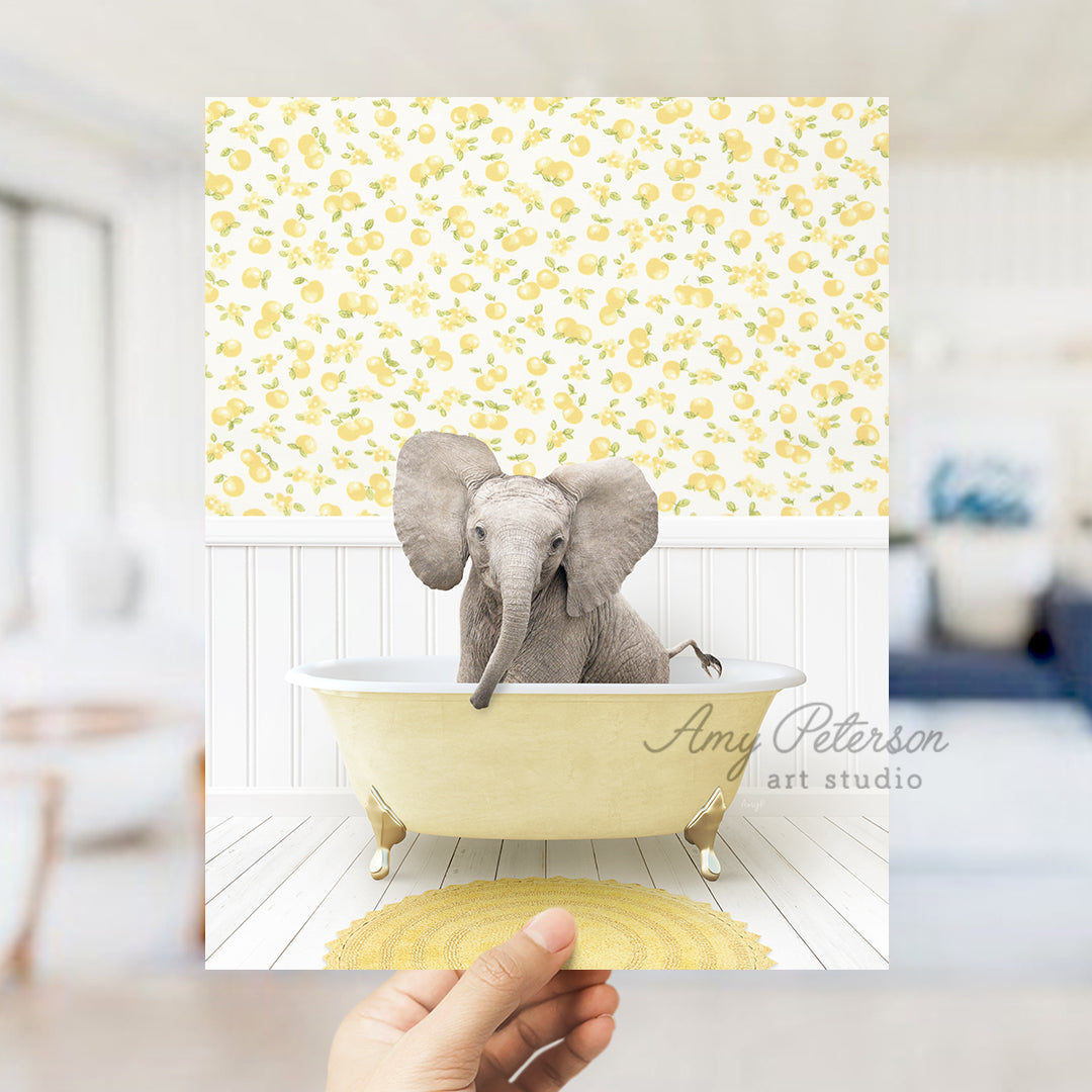 a person holding up a picture of an elephant in a bathtub