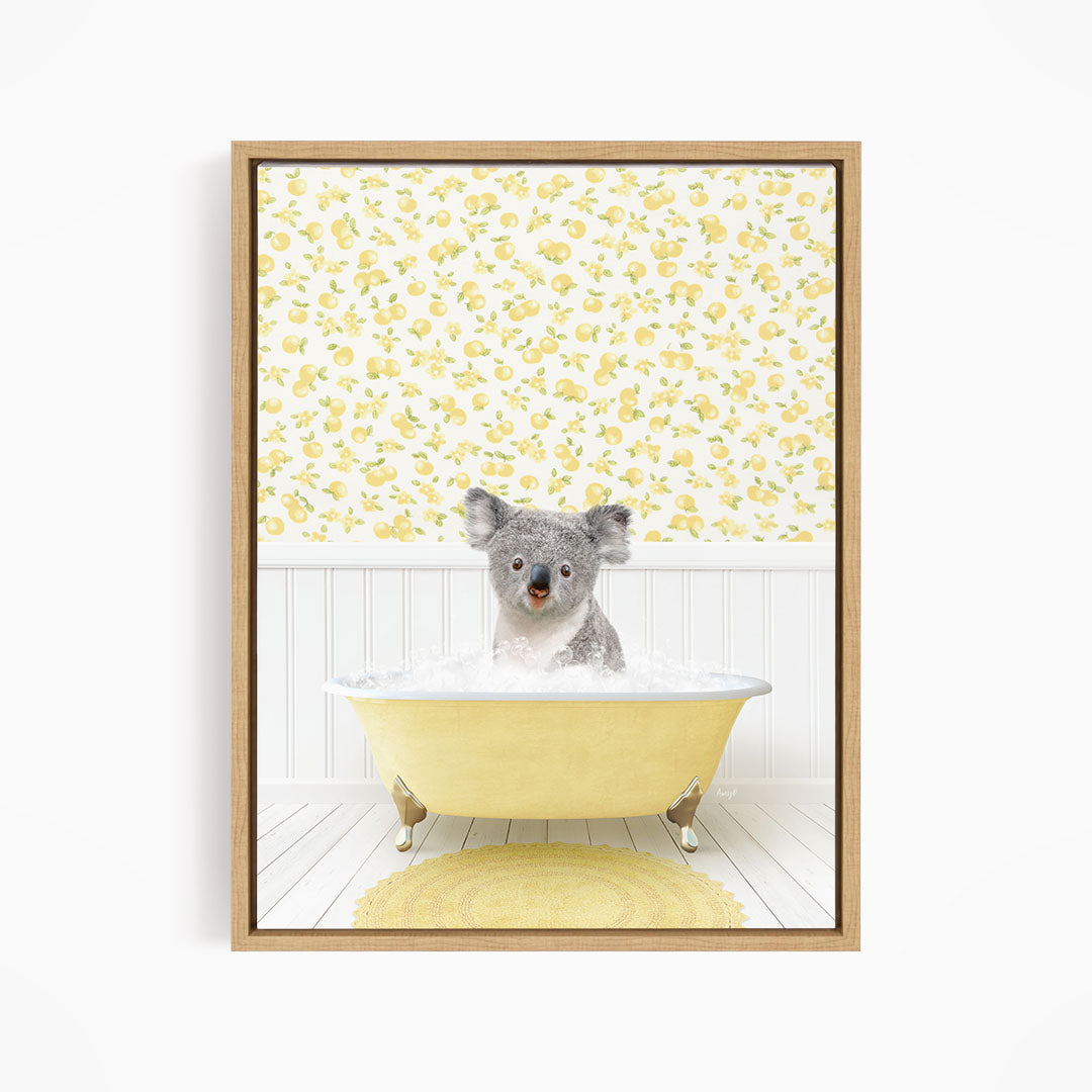 A koala bear sitting in a yellow bathtub filled with water, surrounded by a yellow floral wallpaper.