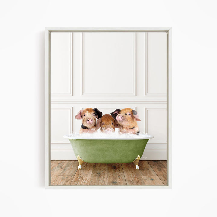Three adorable pigs sitting in a green bathtub, enjoying a relaxing bath.