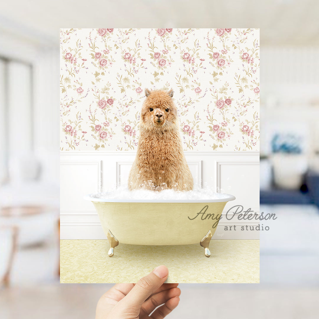 a hand holding a card with a dog in a bathtub