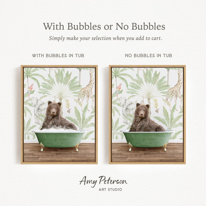 The image is a collage of two framed pictures, each featuring a bear sitting in a bathtub. The bear in the bathtub has bubbles, while the bear in the other bathtub does not have bubbles. The collage is titled "With Bubbles or No Bubbles" and is created by Amy Peterson from Art Studio.