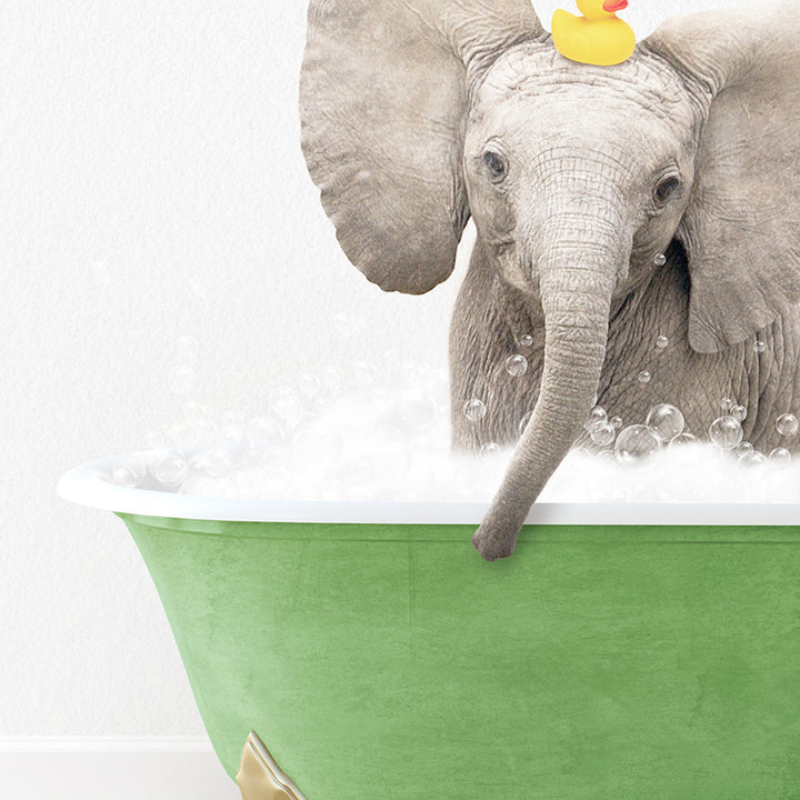 an elephant in a bathtub with a rubber ducky on its head