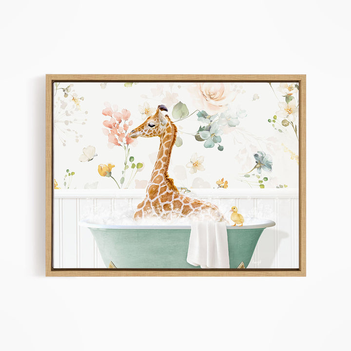 A giraffe sitting in a green bathtub filled with water, surrounded by flowers and other decorative elements.