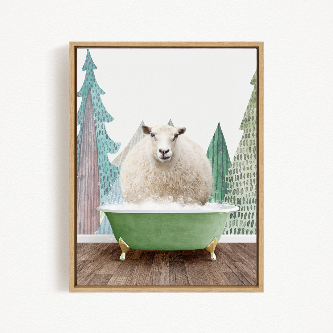 A fluffy white sheep sits in a green bathtub, surrounded by stylized trees in a forest-like setting.