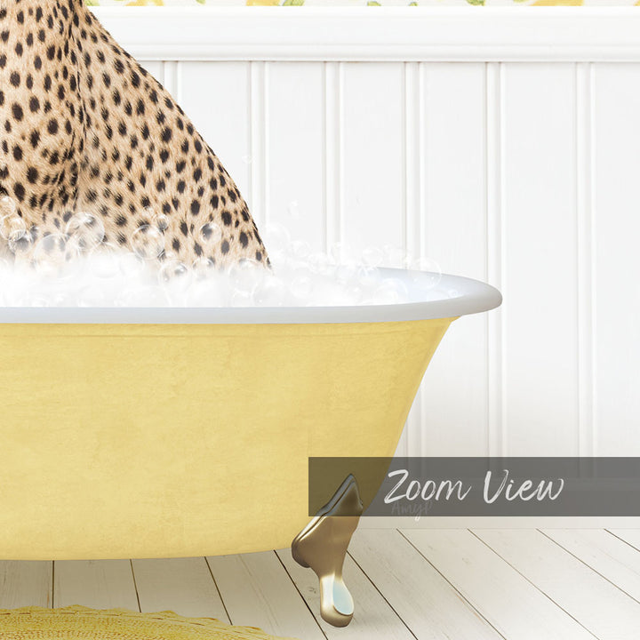 A leopard-print cat is sitting in a yellow bathtub filled with water, creating a playful and whimsical scene.