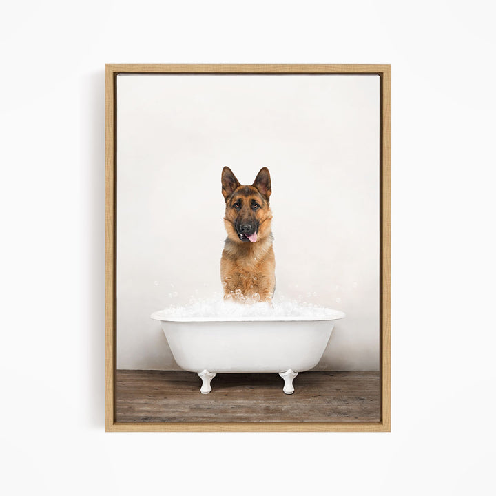 A German Shepherd dog standing in a white bathtub filled with water, with its tongue hanging out, creating a playful and humorous scene.