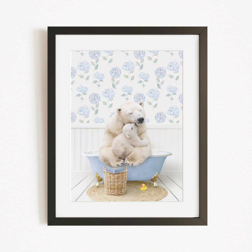 A polar bear is sitting in a bathtub, surrounded by a floral patterned wall, a basket of toys, and a yellow rubber duck.