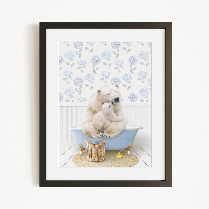 A polar bear is sitting in a bathtub, surrounded by a floral patterned wall, a basket of toys, and a yellow rubber duck.