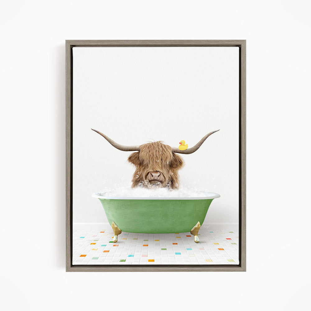 A horned animal, possibly a yak or a bison, is sitting in a green bathtub filled with water, with a rubber duck floating on the surface.