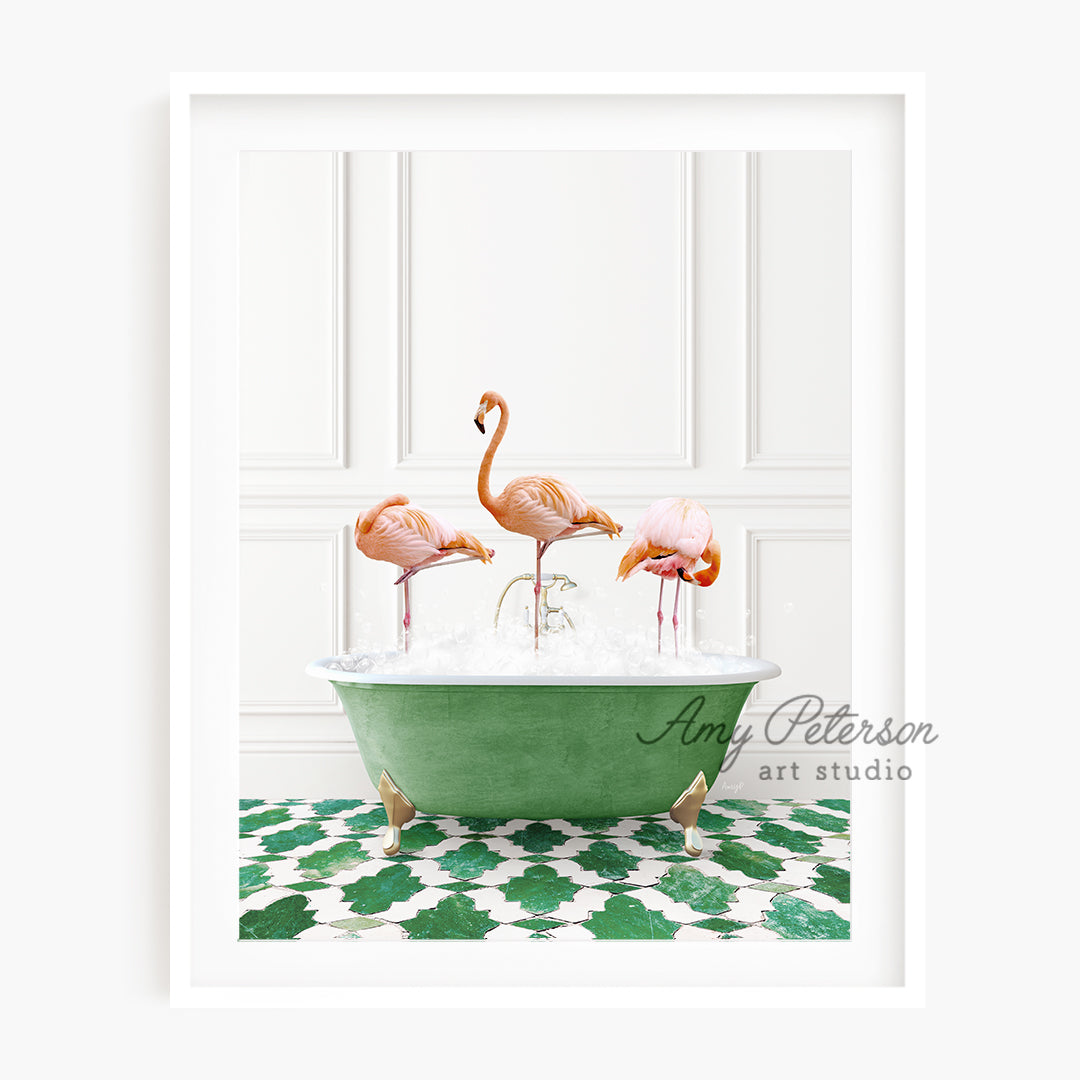 a group of flamingos in a bathtub with ice