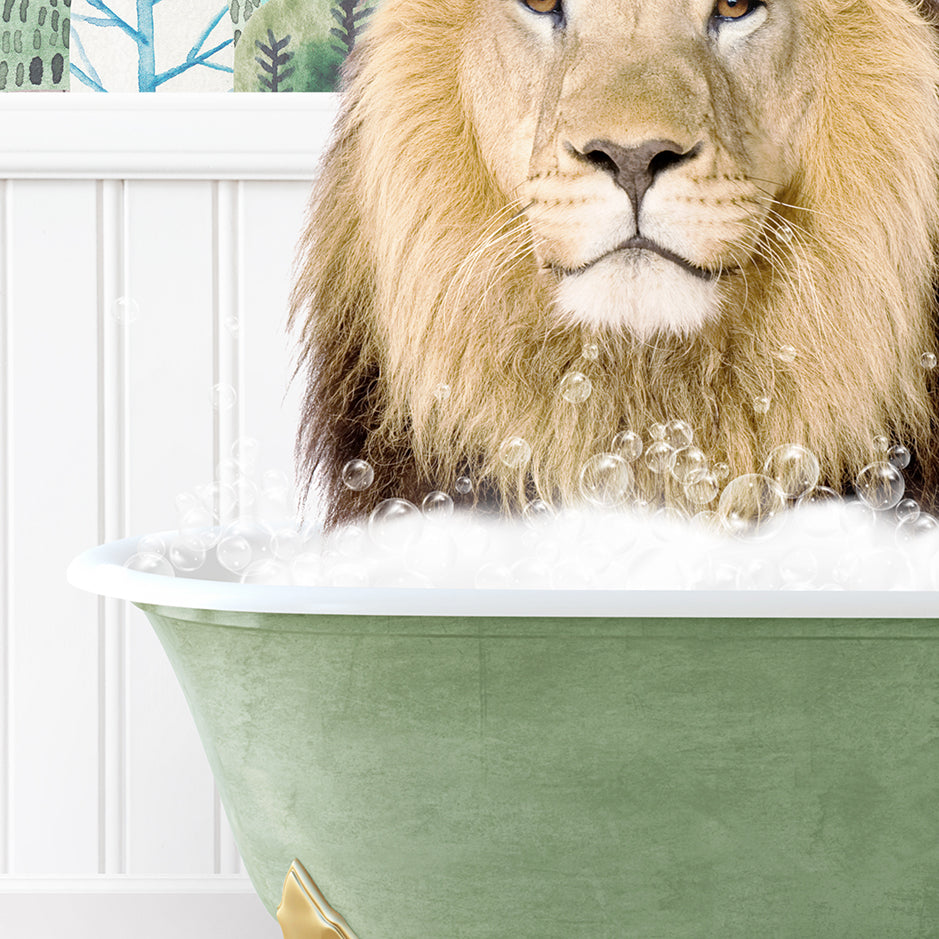 a lion sitting in a bath tub with bubbles