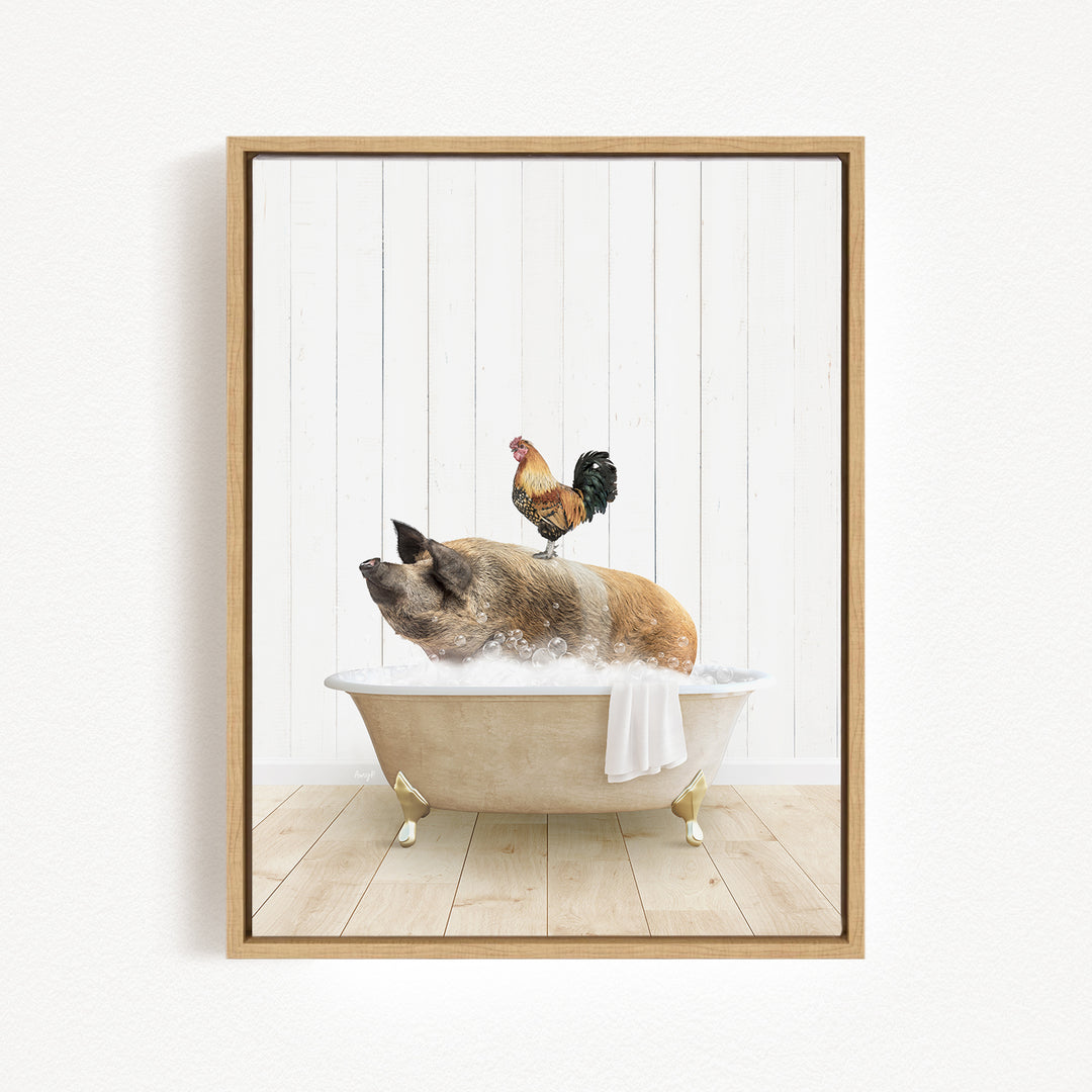 A rooster sits atop a pig in a bathtub, creating a whimsical and humorous scene.