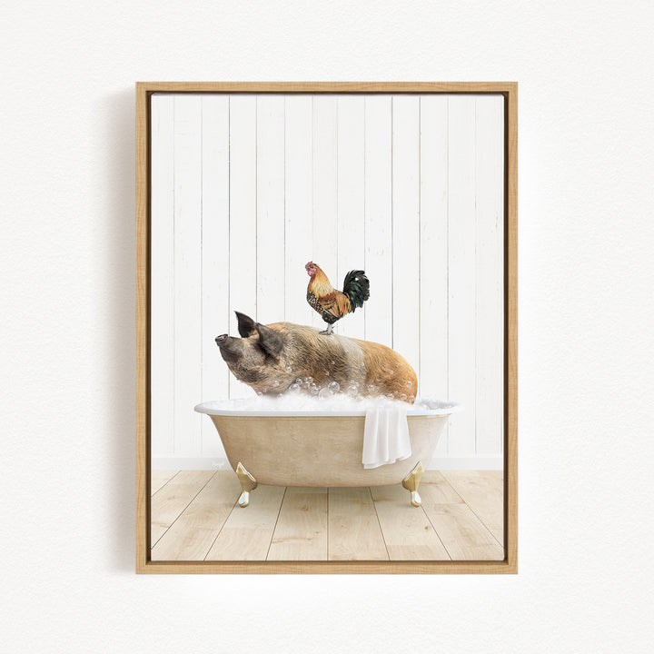 A rooster sits atop a pig in a bathtub, creating a whimsical and humorous scene.