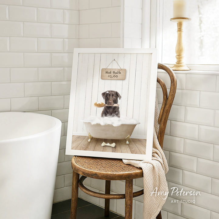 A framed image of a dog sitting in a bathtub, with a sign above it that says "Hot Bath $1.00".