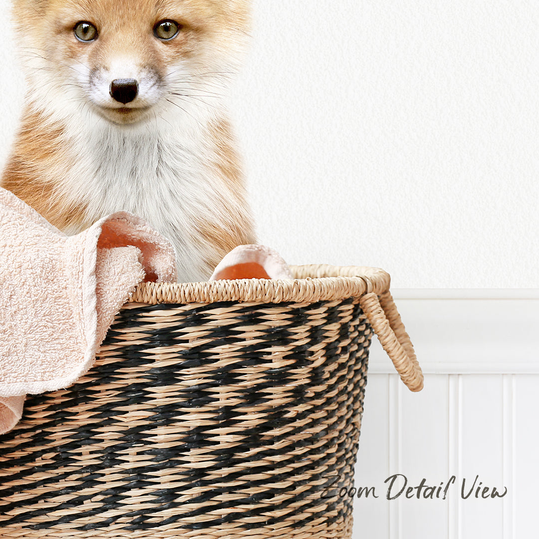 A curious orange fox peeking out from a woven basket, with a towel draped over its back.