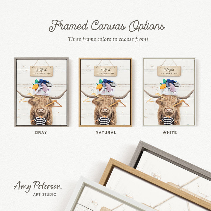 three framed canvas options, each featuring a different color and frame style. The options include a gray frame, a natural frame, and a white frame. The text " Framed Canvas Options" is displayed above the options, and the text "I heard it's laundry day" is written below the cow image. The artist's name, Amy Peterson, is also included in the image.