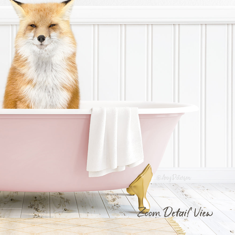 A fox is sitting in a pink bathtub, with a towel and golden object nearby.