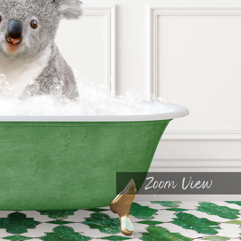 A koala sitting in a green bathtub filled with bubbles, with a white wall and a patterned tile floor in the background.