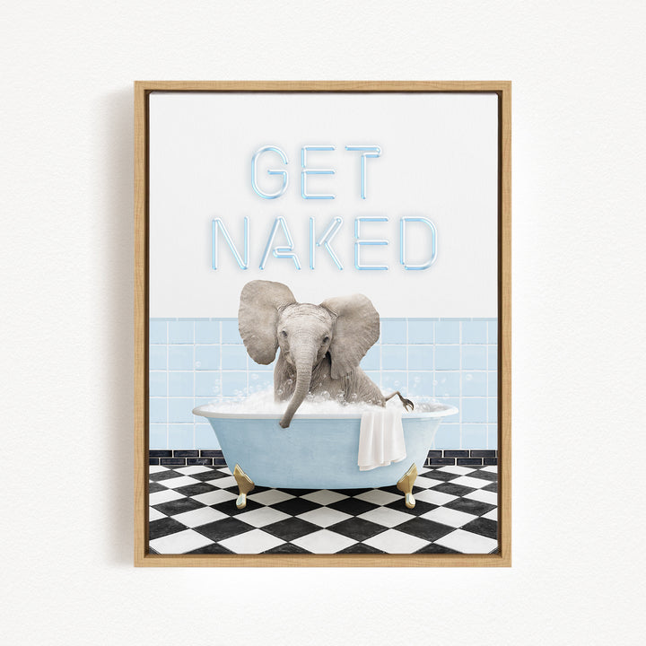 A framed image depicting an elephant sitting in a bathtub, with the text "GET NAKED" displayed above it.