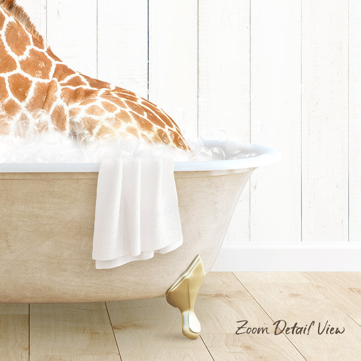 A giraffe sitting in a bathtub filled with water, with a towel draped over the side.