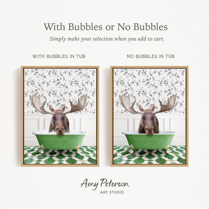 The image is a collage of two framed pictures, each featuring a moose in a bathtub. The moose in the bathtub has large antlers, and the moose in the other picture does not have antlers. The collage is titled "With Bubbles or No Bubbles" and is created by Amy Peterson from Art Studio.