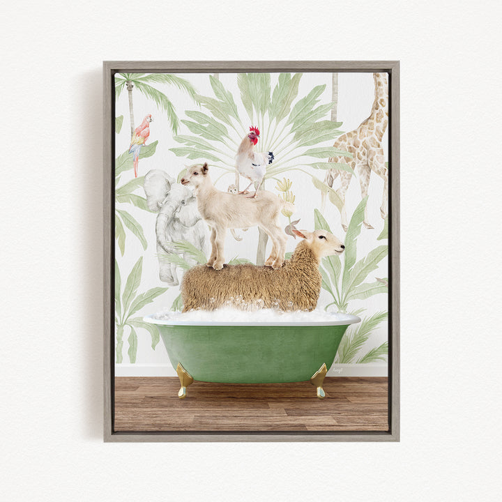 A framed collage of various animals, including a dog, cat, sheep, and bird, all sitting or standing on a green bathtub against a tropical wallpaper background.