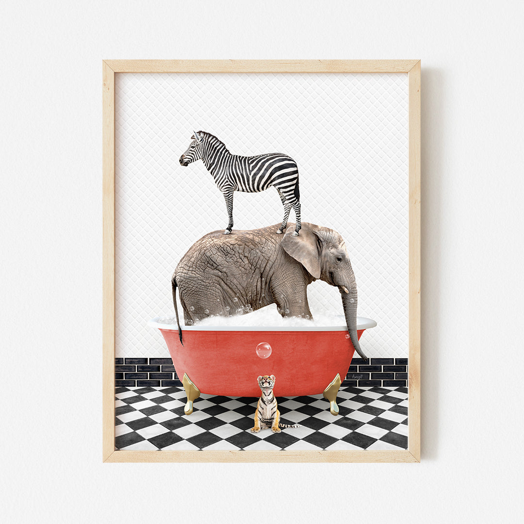 a picture of a zebra and an elephant in a bathtub