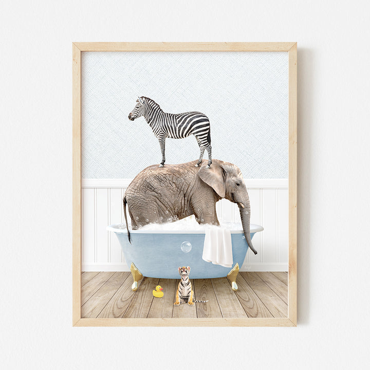 a picture of a zebra standing on top of an elephant in a bathtub