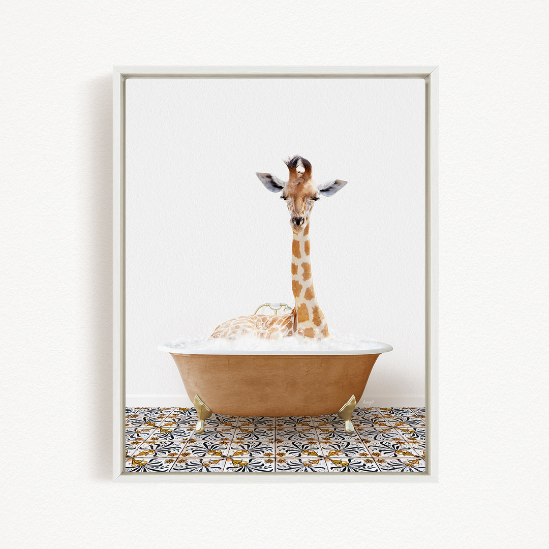A giraffe is sitting in a bathtub filled with water, creating a whimsical and playful scene.