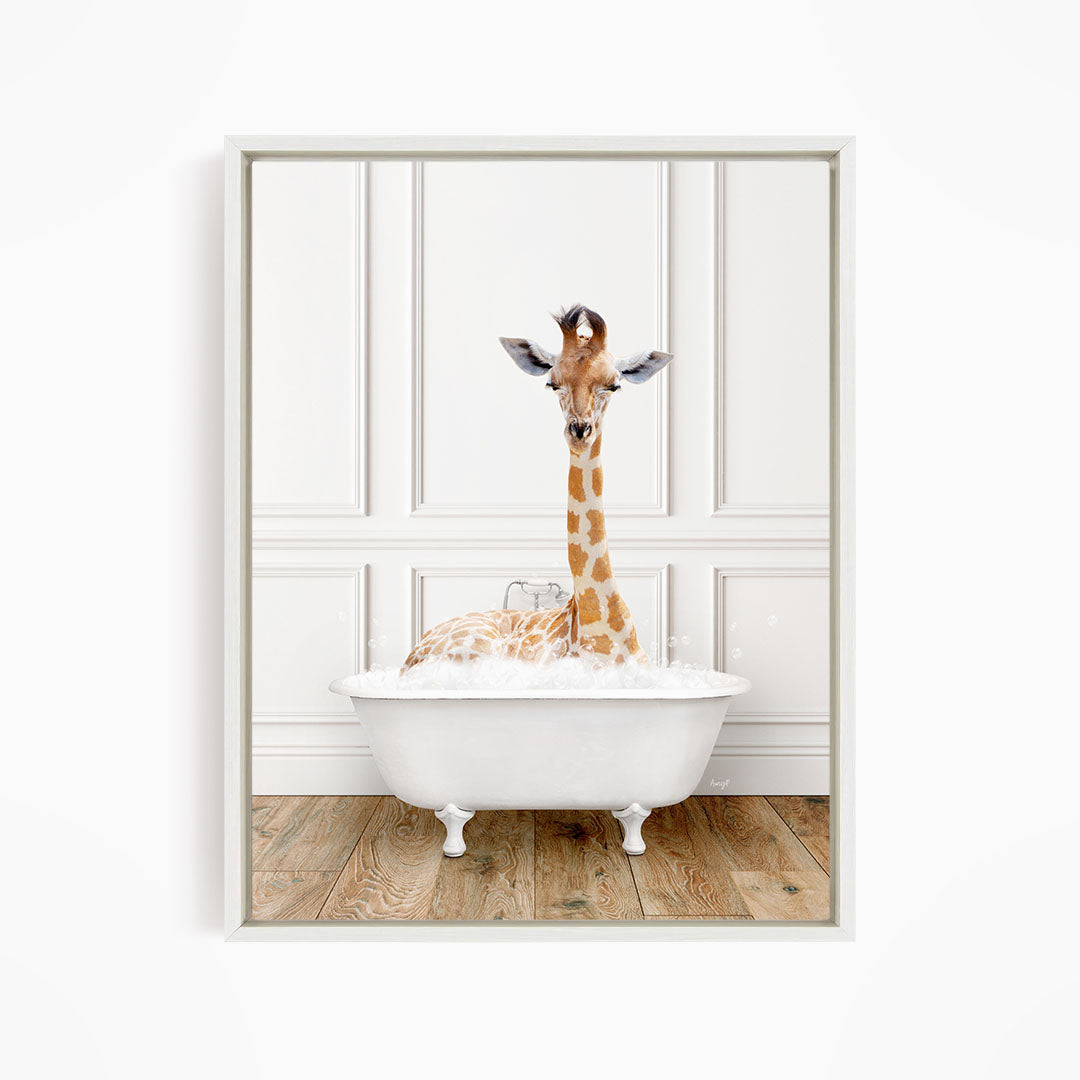 A giraffe is sitting in a white bathtub filled with water, creating a whimsical and playful scene.