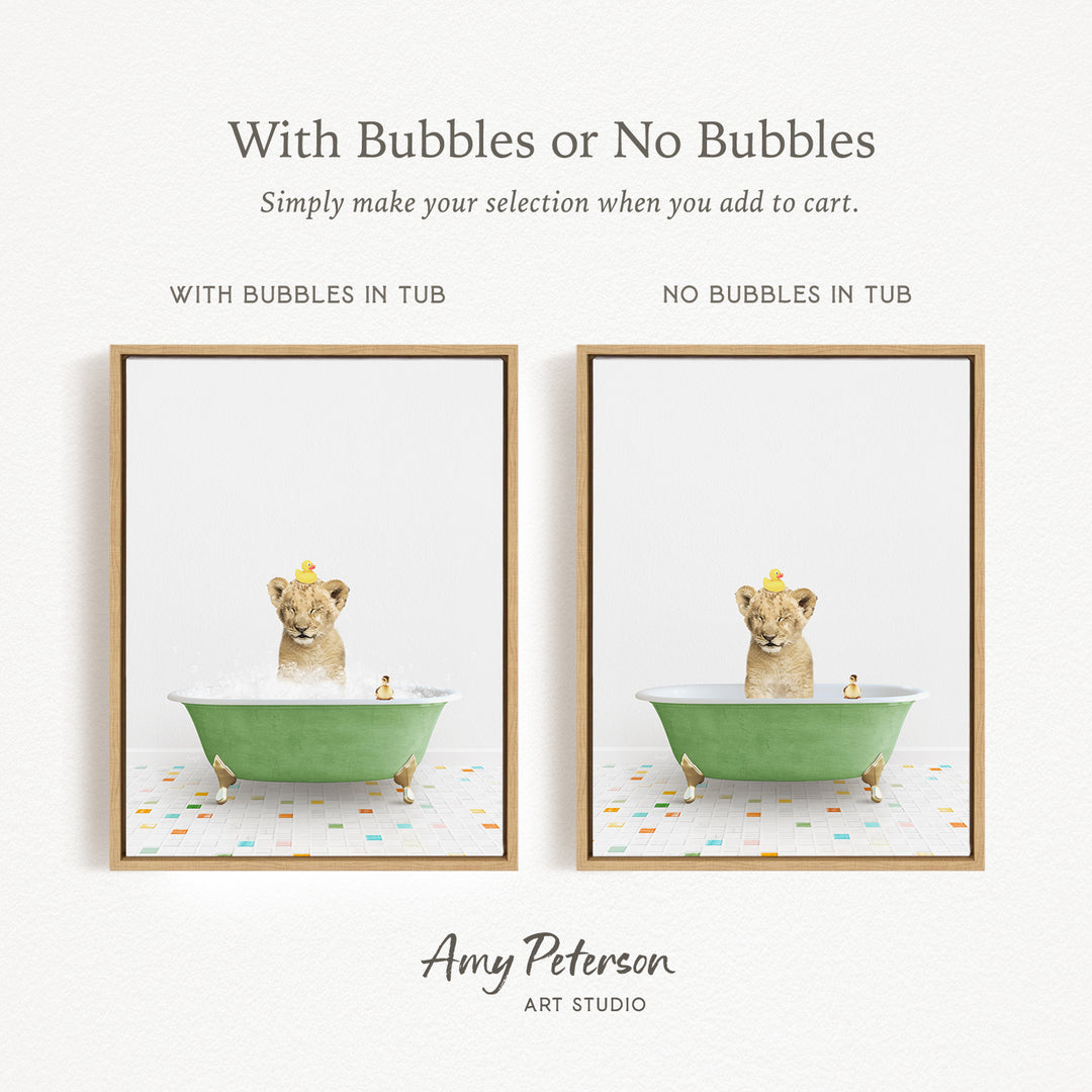 The image is a collage of two framed pictures, each depicting a small dog sitting in a green bathtub. The dog is wearing a yellow hat and appears to be enjoying a bath. The text above the images reads "With Bubbles or No Bubbles" and below the images, it says "Simply make your selection when you add to cart."