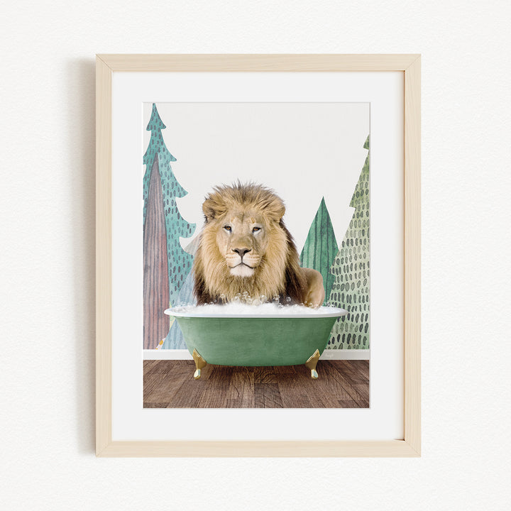A lion is sitting in a green bathtub, surrounded by trees and a forest-like background.