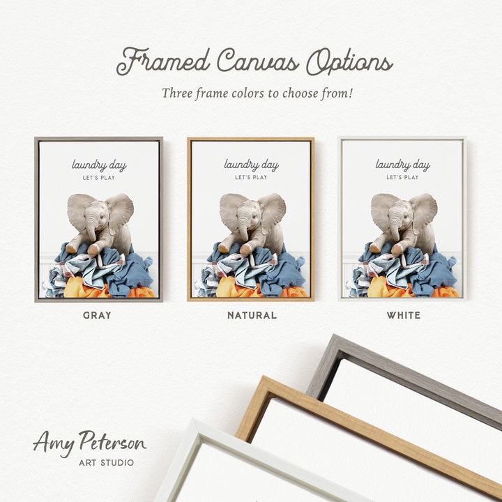 three framed canvas options, each featuring a different color and frame style. The options include a gray frame with a white elephant image, a natural frame with a white elephant image, and a white frame with a gray elephant image.