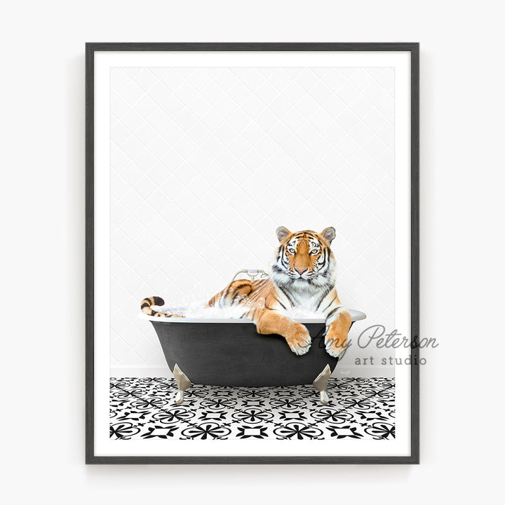 a picture of a tiger sitting in a bathtub