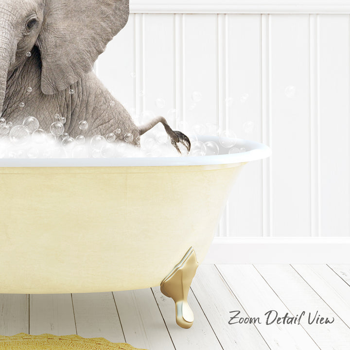 A large elephant is sitting in a bathtub filled with bubbles, creating a whimsical and playful scene.