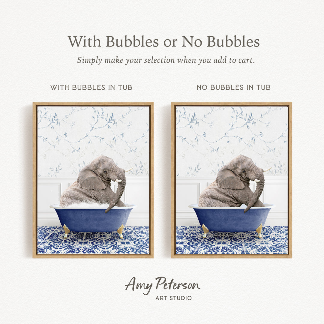The image is a framed print featuring a gray elephant sitting in a blue tub, with the text "With Bubbles or No Bubbles" above the images.