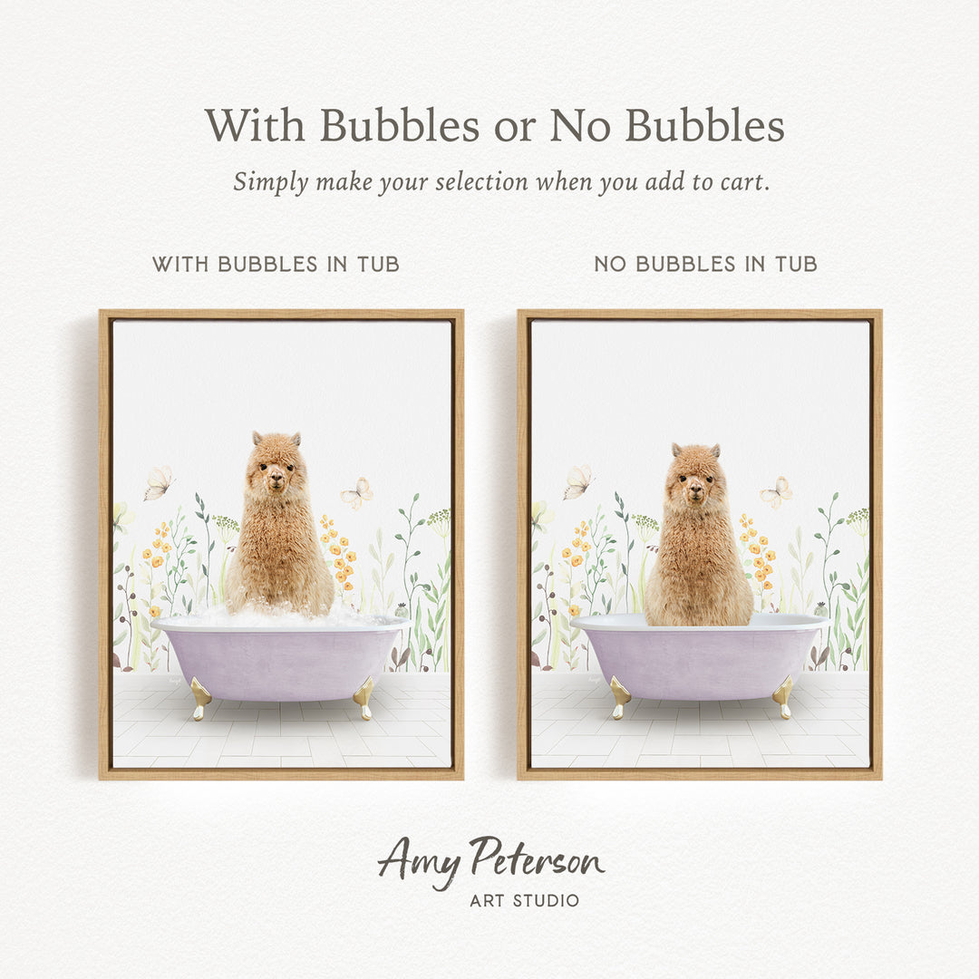 The image is a framed print featuring a small brown dog sitting in a bathtub, surrounded by flowers and butterflies. The text above the image reads "With Bubbles or No Bubbles" and below the image, it says "Simply make your selection when you add to cart." The text at the bottom of the image says " Amy Peterson ART STUDIO."