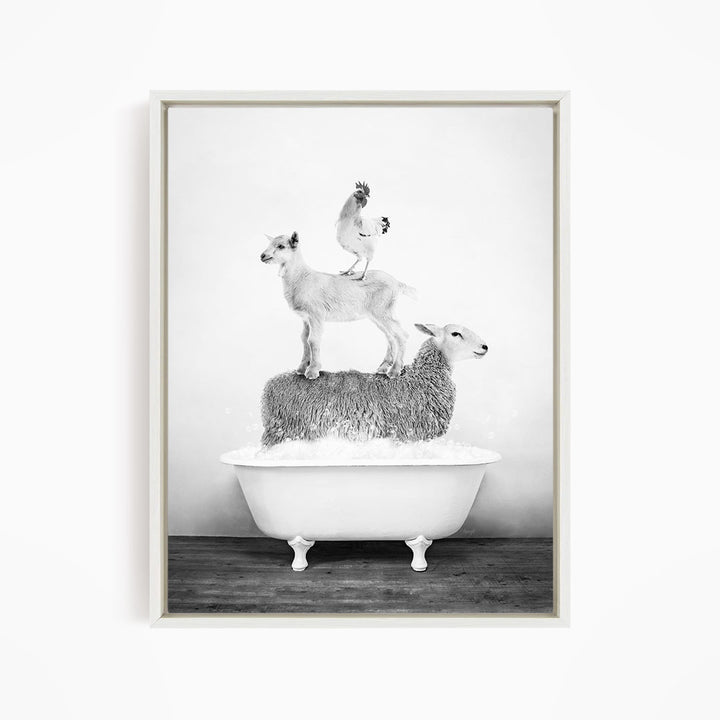 A black and white image depicting three animals - a goat, a chicken, and a sheep - standing on top of a white bathtub filled with water.
