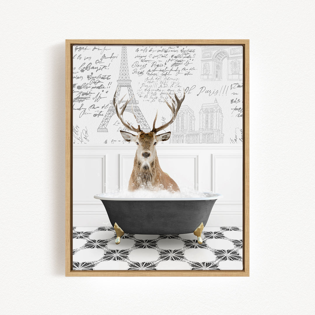 A deer with antlers is sitting in a bathtub filled with water, surrounded by a black and white tiled floor and a wall with various inscriptions and drawings.