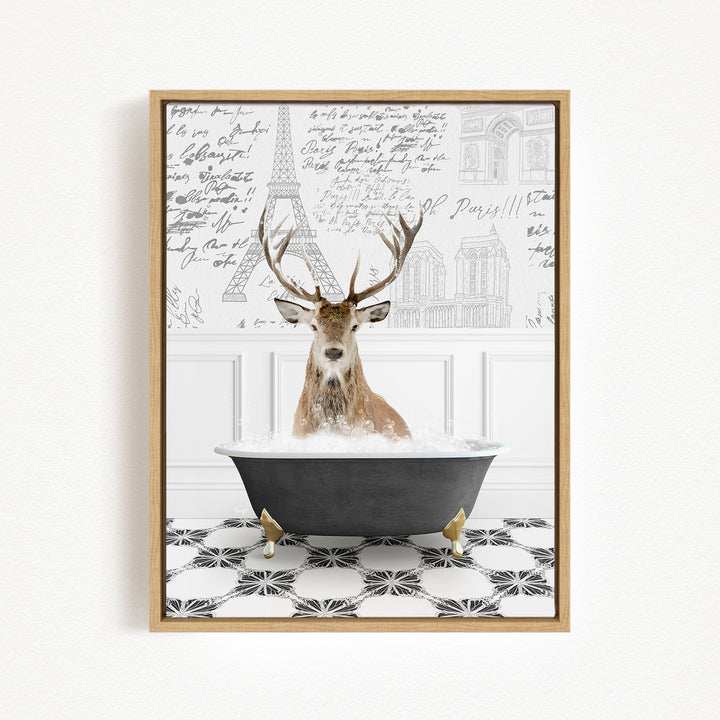 A deer with antlers is sitting in a bathtub filled with water, surrounded by a black and white tiled floor and a wall with various inscriptions and drawings.