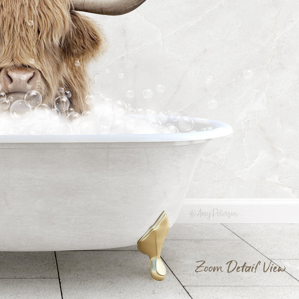 A close-up of a cow's head submerged in a white bathtub filled with bubbles, with a text overlay that reads "Zoom Detail View".