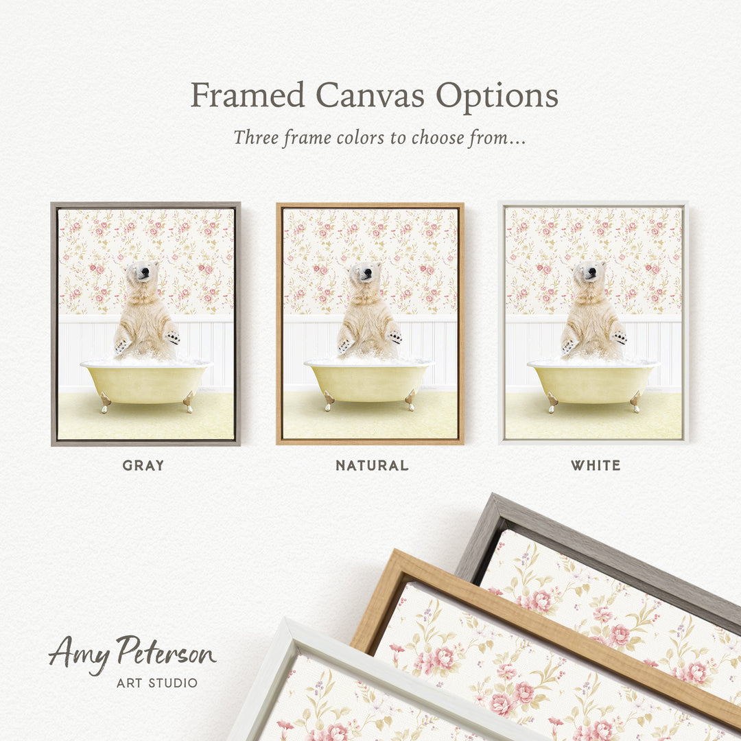The image is a framed canvas option showcasing three different framed canvas options for a painting of a bear sitting in a bathtub.
