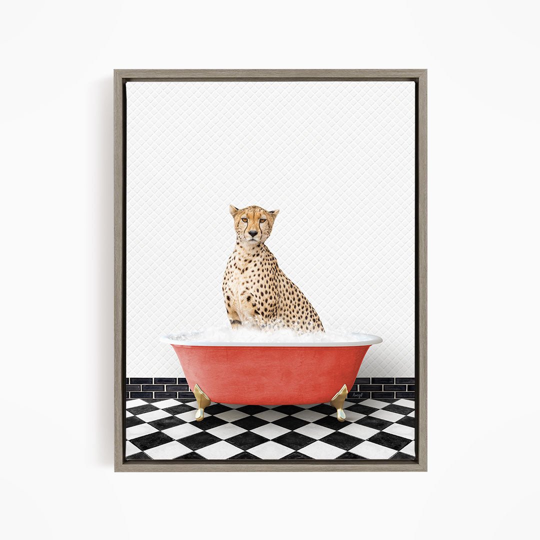 A cheetah sitting in a red bathtub filled with water, with a black and white checkered floor in the background.