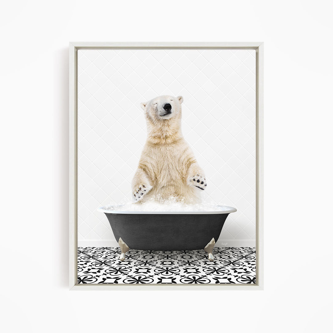 A polar bear standing in a bathtub filled with water, with its paws raised in the air.