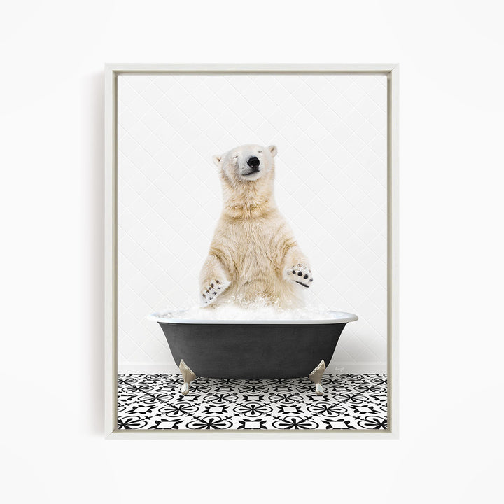 A polar bear standing in a bathtub filled with water, with its paws raised in the air.